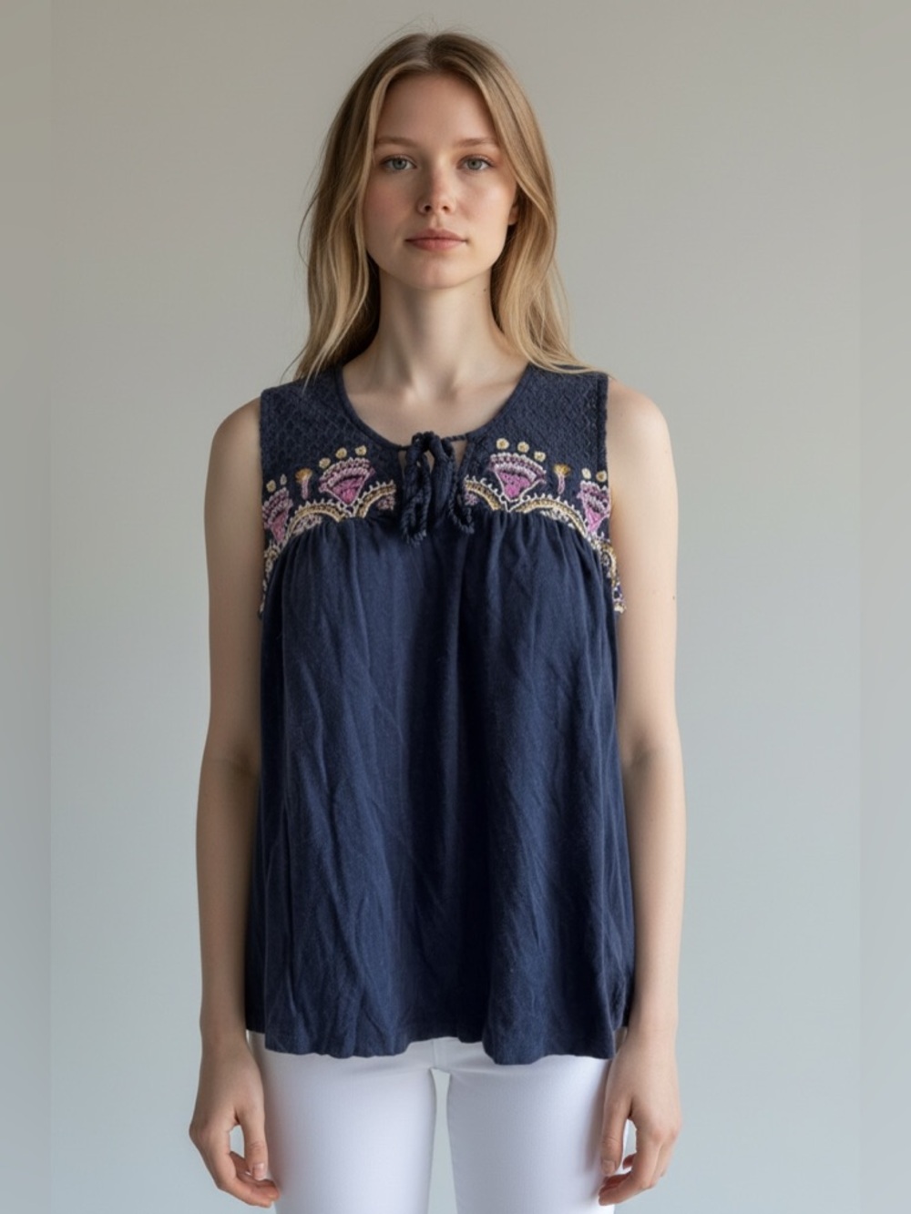 Anthropologie Akemi + Kin Crochet Yoke Sleeveless Top Blue Size S